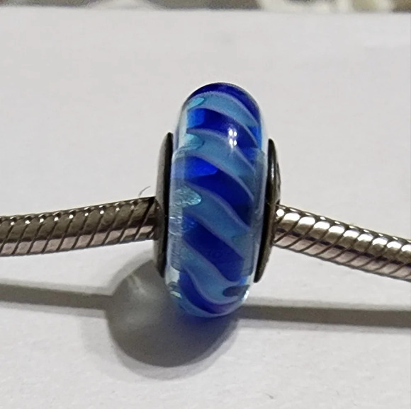 PANDORA Teal-Blue Stripes Murano Glass Sterling Silver Charm - Retired - Picture 2 of 8